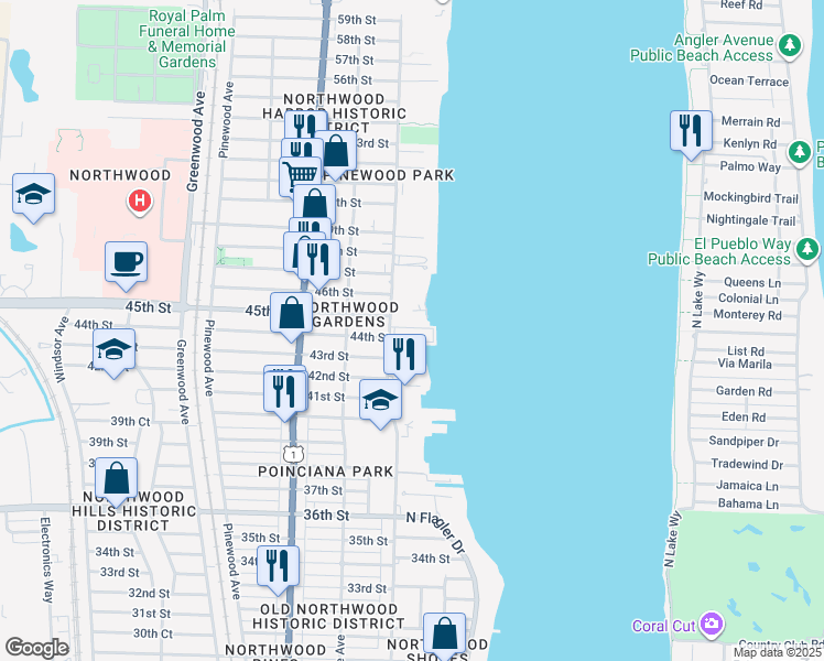 map of restaurants, bars, coffee shops, grocery stores, and more near in West Palm Beach