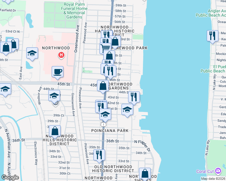 map of restaurants, bars, coffee shops, grocery stores, and more near 517 44th Street in West Palm Beach