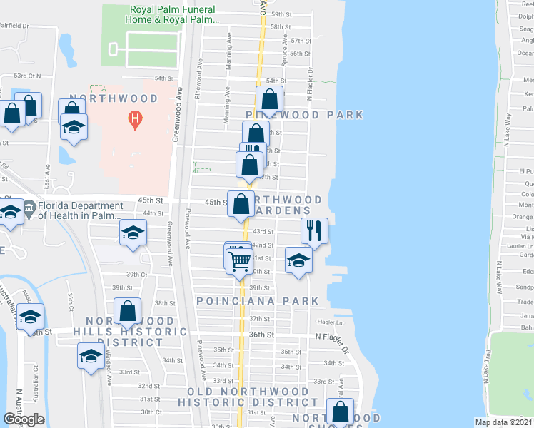 map of restaurants, bars, coffee shops, grocery stores, and more near 513 44th Street in West Palm Beach