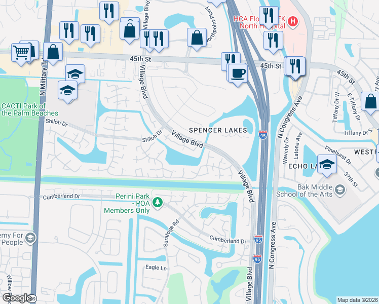 map of restaurants, bars, coffee shops, grocery stores, and more near 227 Charter Way in West Palm Beach