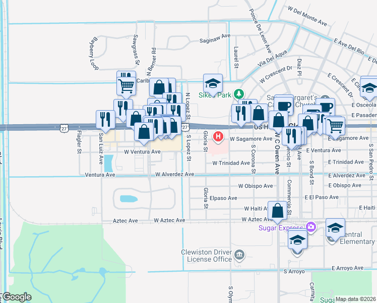 map of restaurants, bars, coffee shops, grocery stores, and more near 299 South Lopez Street in Clewiston