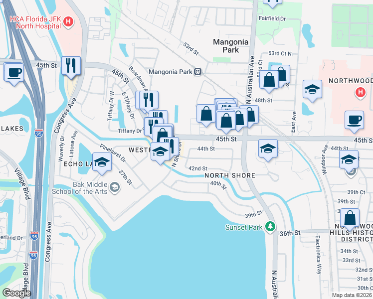map of restaurants, bars, coffee shops, grocery stores, and more near 1655 44th Street in West Palm Beach