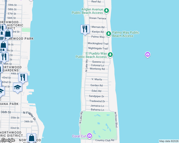 map of restaurants, bars, coffee shops, grocery stores, and more near 285 Orange Grove Road in Palm Beach