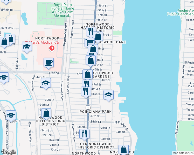 map of restaurants, bars, coffee shops, grocery stores, and more near 513 44th Street in West Palm Beach
