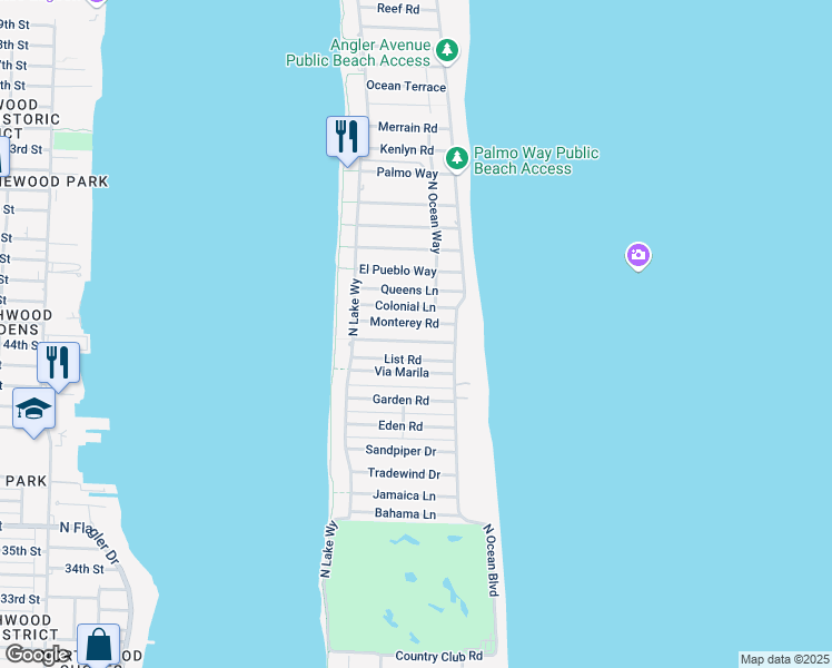 map of restaurants, bars, coffee shops, grocery stores, and more near 223 Orange Grove Road in Palm Beach