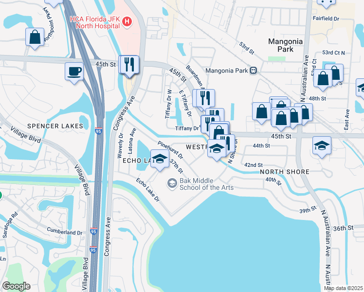 map of restaurants, bars, coffee shops, grocery stores, and more near 1919 Pinehurst Drive in West Palm Beach