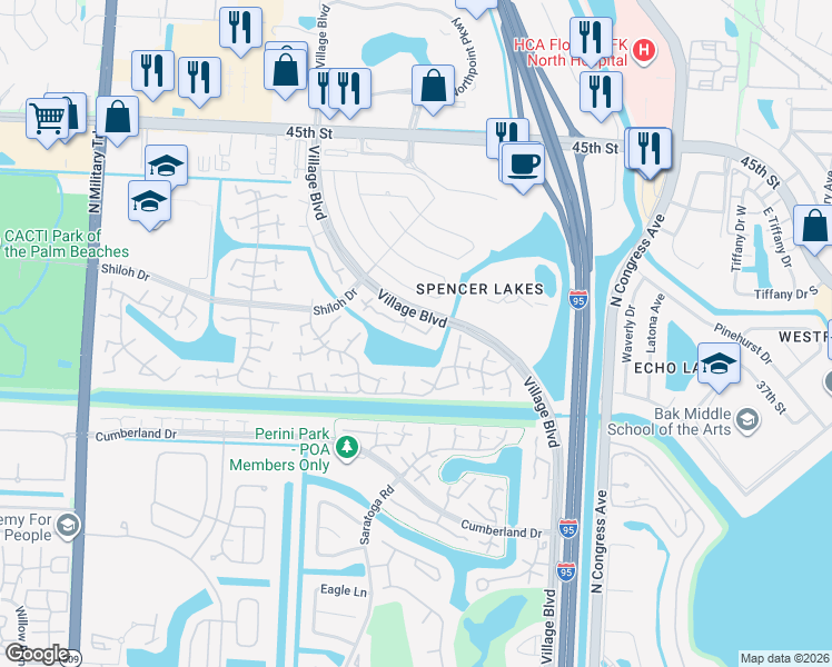 map of restaurants, bars, coffee shops, grocery stores, and more near 245 Charter Way in West Palm Beach
