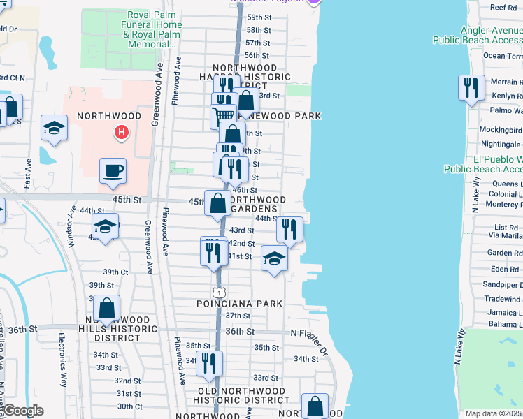 map of restaurants, bars, coffee shops, grocery stores, and more near 416 45th Street in West Palm Beach