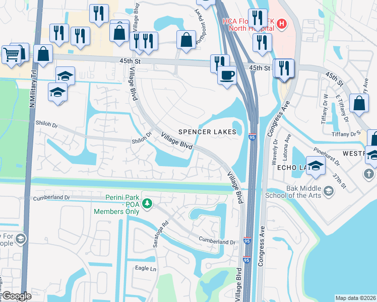 map of restaurants, bars, coffee shops, grocery stores, and more near 263 Charter Way in West Palm Beach