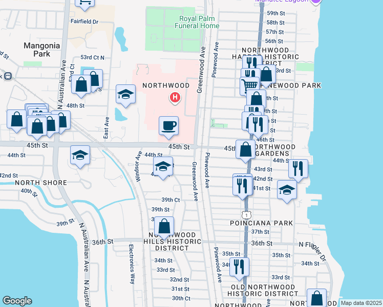 map of restaurants, bars, coffee shops, grocery stores, and more near 801 44th Street in West Palm Beach