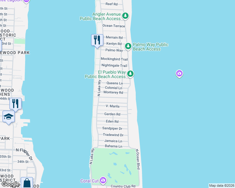 map of restaurants, bars, coffee shops, grocery stores, and more near 222 Monterey Road in Palm Beach