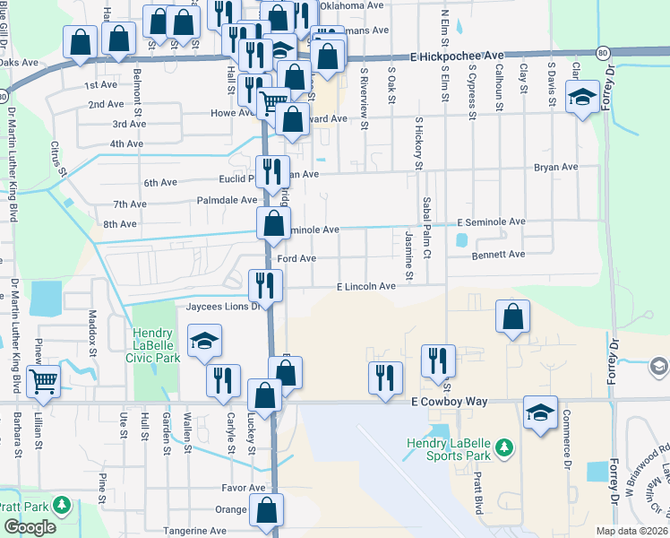 map of restaurants, bars, coffee shops, grocery stores, and more near 616 South Missouri Street in LaBelle