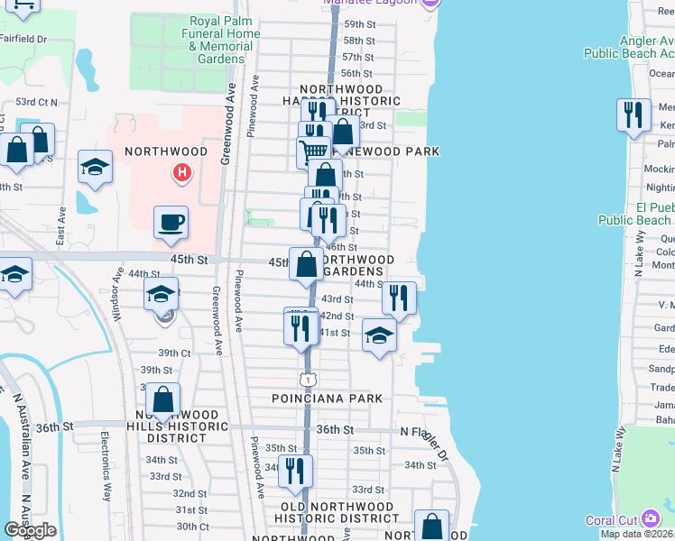 map of restaurants, bars, coffee shops, grocery stores, and more near 514 45th Street in West Palm Beach