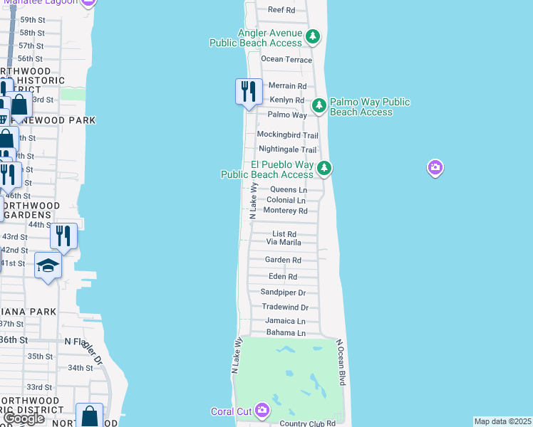 map of restaurants, bars, coffee shops, grocery stores, and more near 274 Monterey Road in Palm Beach