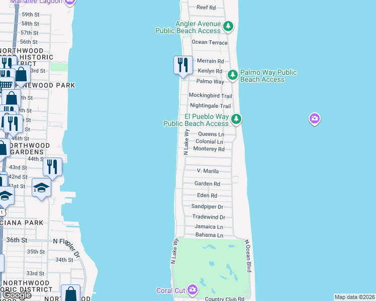 map of restaurants, bars, coffee shops, grocery stores, and more near 275 Orange Grove Road in Palm Beach