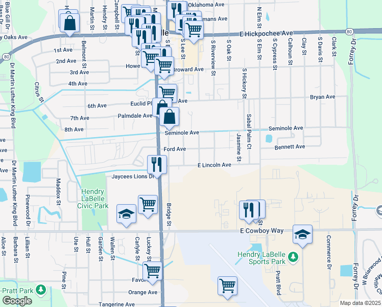 map of restaurants, bars, coffee shops, grocery stores, and more near 616 South Missouri Street in LaBelle