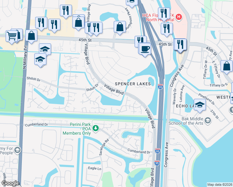 map of restaurants, bars, coffee shops, grocery stores, and more near 263 Charter Way in West Palm Beach
