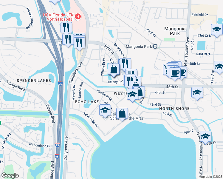 map of restaurants, bars, coffee shops, grocery stores, and more near 1919 Pinehurst Drive in West Palm Beach