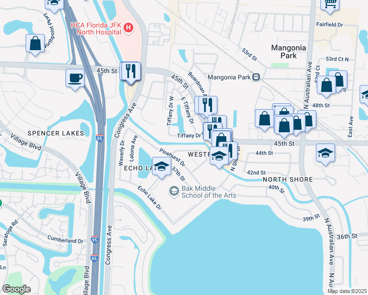 map of restaurants, bars, coffee shops, grocery stores, and more near 1919 Pinehurst Drive in West Palm Beach
