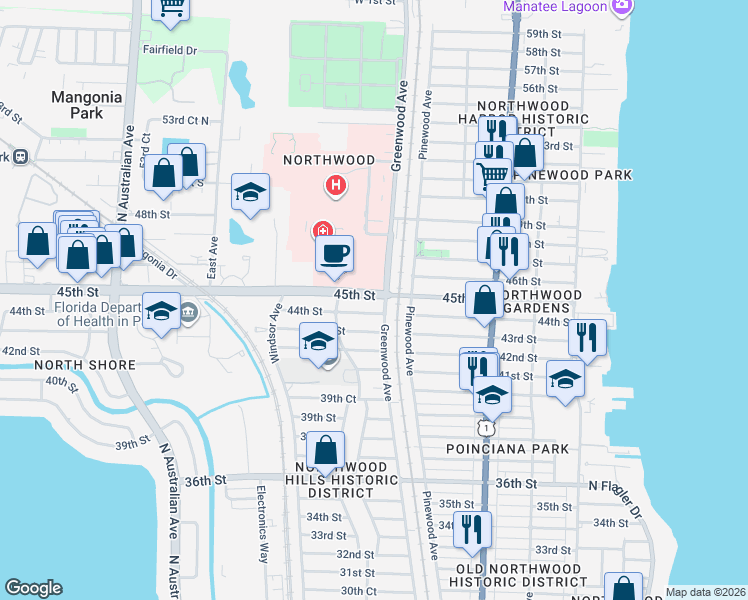 map of restaurants, bars, coffee shops, grocery stores, and more near 801 44th Street in West Palm Beach