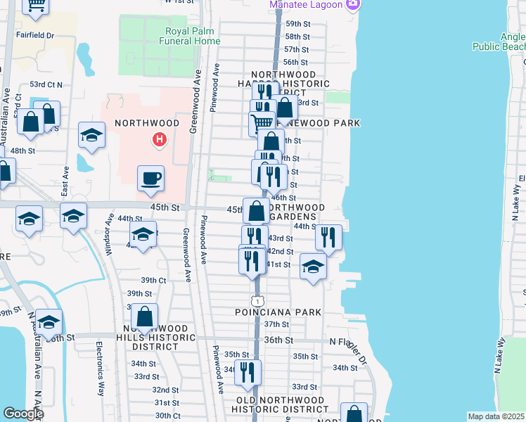 map of restaurants, bars, coffee shops, grocery stores, and more near Broadway & 45th St in West Palm Beach