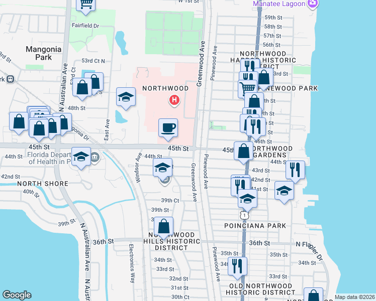 map of restaurants, bars, coffee shops, grocery stores, and more near 801 44th Street in West Palm Beach