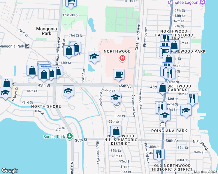 map of restaurants, bars, coffee shops, grocery stores, and more near 936 45th Street in West Palm Beach