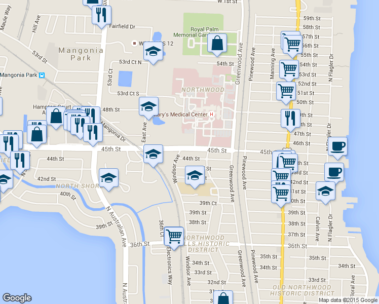 map of restaurants, bars, coffee shops, grocery stores, and more near 936 45th Street in West Palm Beach