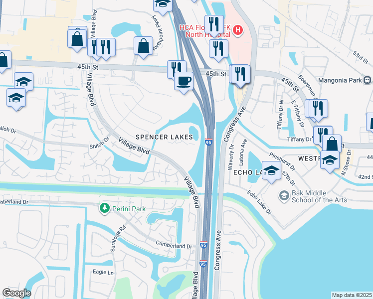 map of restaurants, bars, coffee shops, grocery stores, and more near 3590 Village Boulevard in West Palm Beach