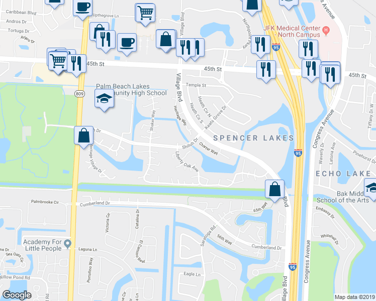 map of restaurants, bars, coffee shops, grocery stores, and more near 1716 17th Way in West Palm Beach