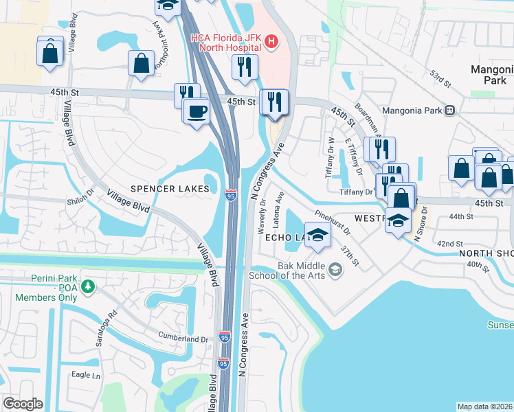 map of restaurants, bars, coffee shops, grocery stores, and more near 4209 Waverly Drive in West Palm Beach