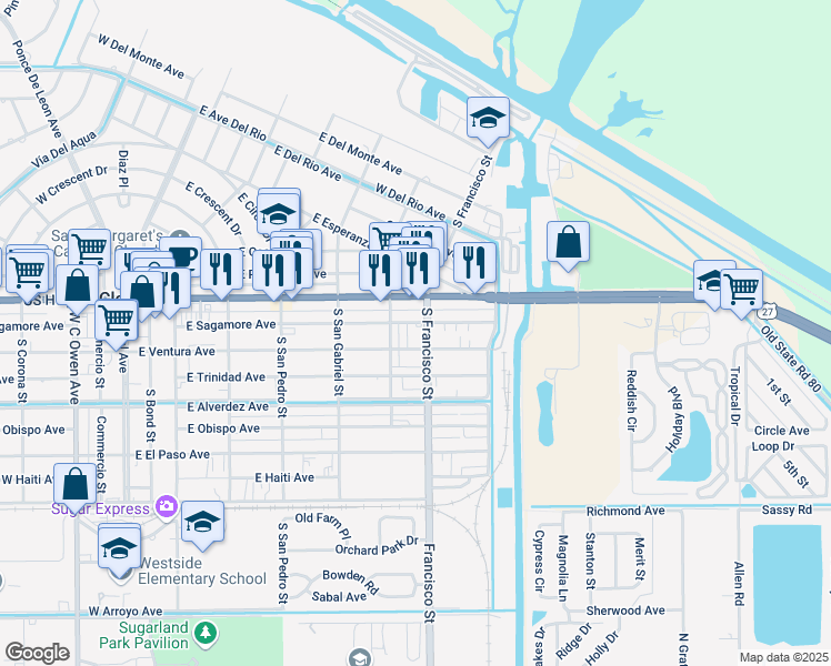 map of restaurants, bars, coffee shops, grocery stores, and more near 700 East Ventura Avenue in Clewiston