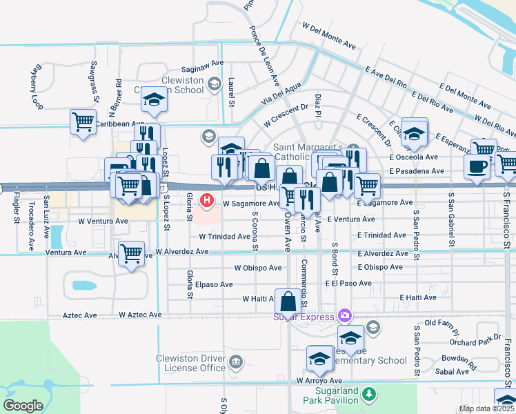 map of restaurants, bars, coffee shops, grocery stores, and more near 401 West Ventura Avenue in Clewiston