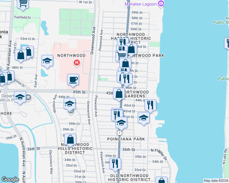 map of restaurants, bars, coffee shops, grocery stores, and more near 623 45th Street in West Palm Beach