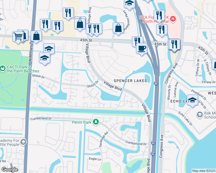 map of restaurants, bars, coffee shops, grocery stores, and more near 227 Charter Way in West Palm Beach
