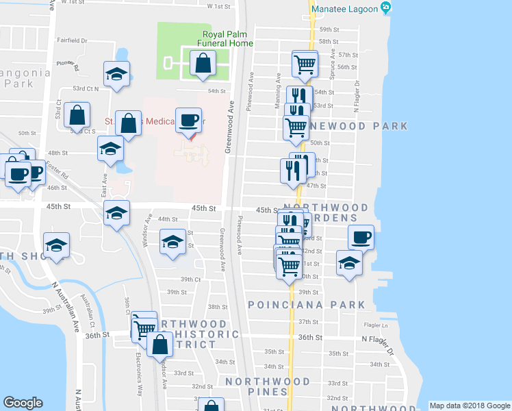 map of restaurants, bars, coffee shops, grocery stores, and more near 725 45th Street in West Palm Beach