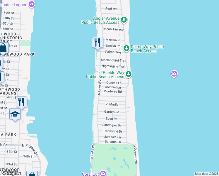 map of restaurants, bars, coffee shops, grocery stores, and more near 264 Colonial Lane in Palm Beach