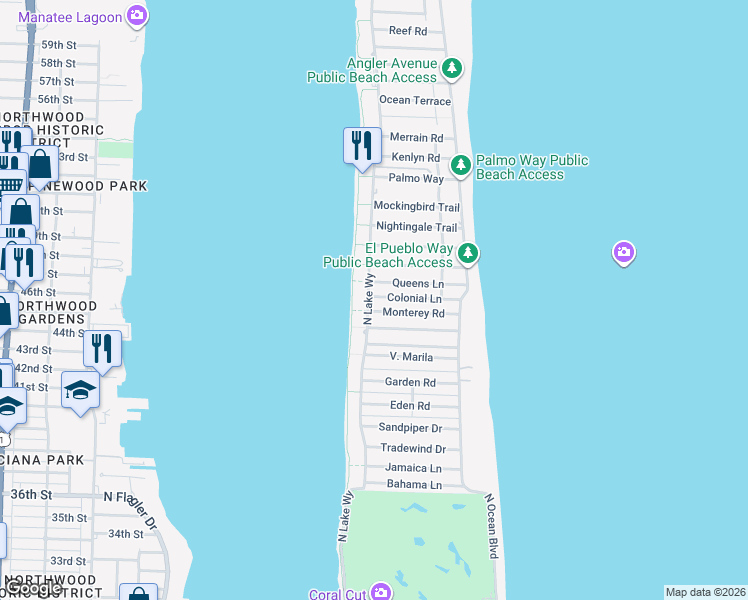map of restaurants, bars, coffee shops, grocery stores, and more near 300 Colonial Lane in Palm Beach
