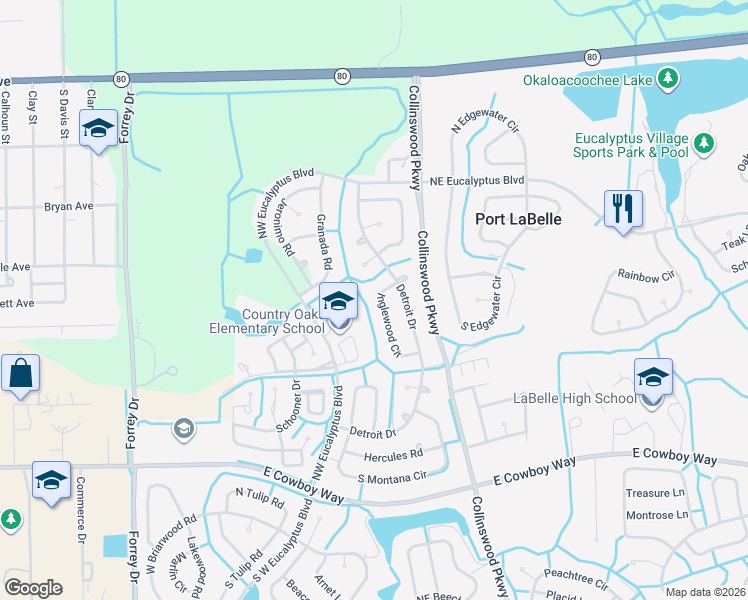 map of restaurants, bars, coffee shops, grocery stores, and more near 2003 Inglewood Circle in LaBelle