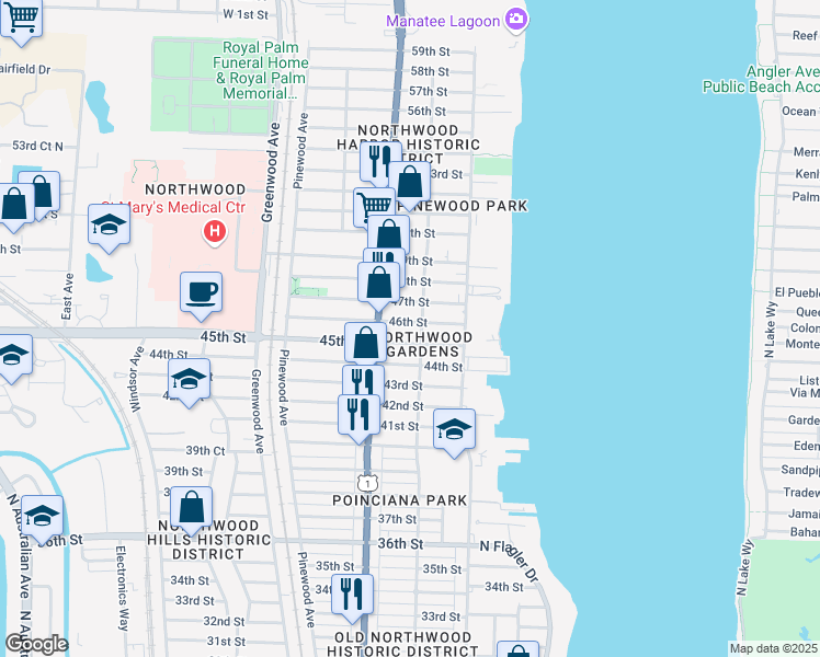 map of restaurants, bars, coffee shops, grocery stores, and more near 512 46th Street in West Palm Beach