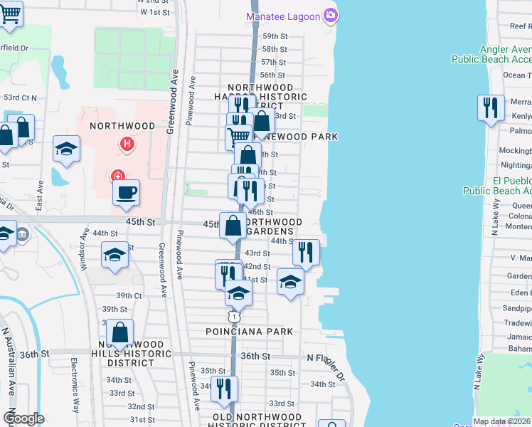 map of restaurants, bars, coffee shops, grocery stores, and more near 512 47th Street in West Palm Beach