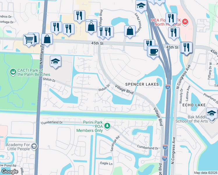 map of restaurants, bars, coffee shops, grocery stores, and more near 177 Charter Way in West Palm Beach