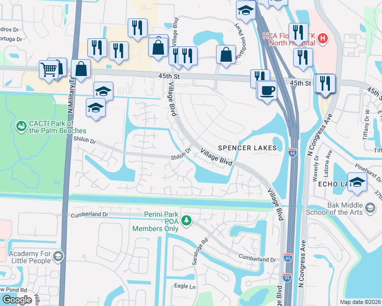 map of restaurants, bars, coffee shops, grocery stores, and more near 177 Charter Way in West Palm Beach