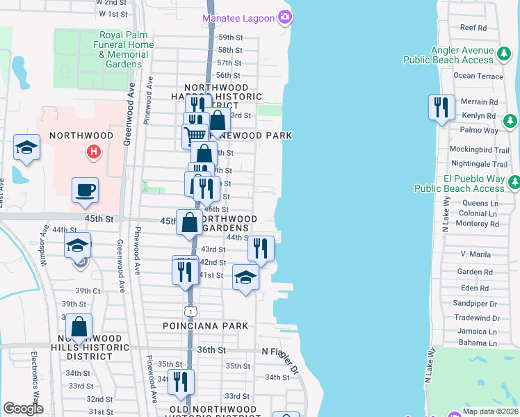 map of restaurants, bars, coffee shops, grocery stores, and more near 4700 North Flagler Drive in West Palm Beach