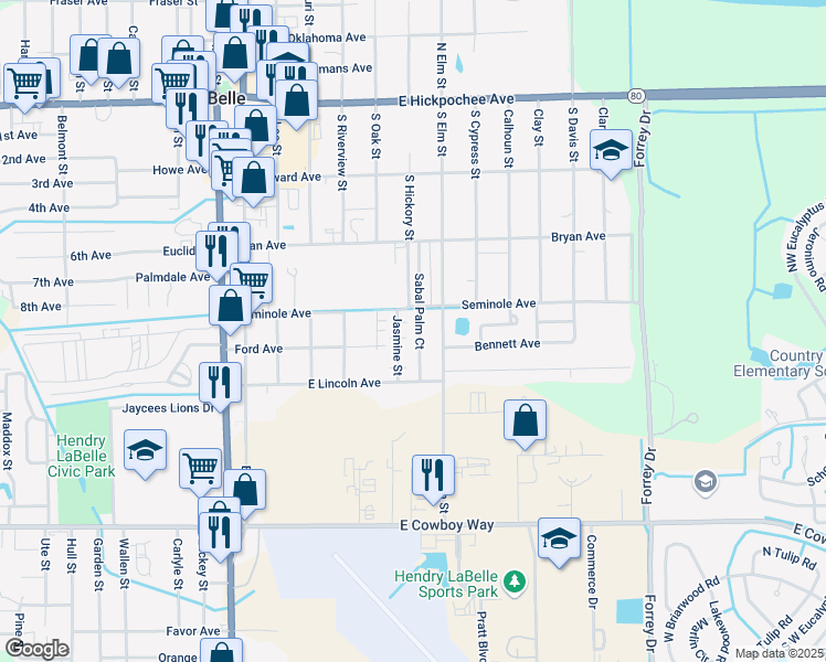 map of restaurants, bars, coffee shops, grocery stores, and more near 535 Sabal Palm Court in LaBelle