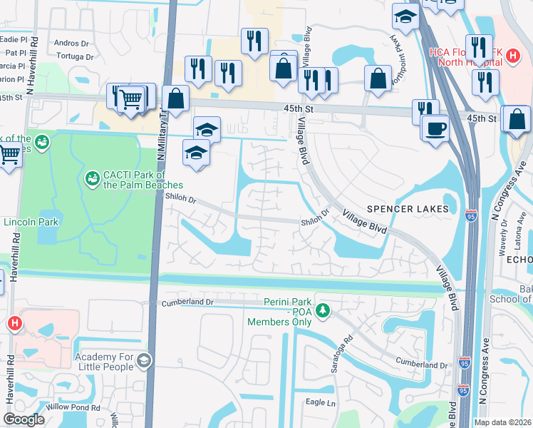 map of restaurants, bars, coffee shops, grocery stores, and more near 3325 33rd Way in West Palm Beach