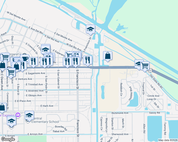 map of restaurants, bars, coffee shops, grocery stores, and more near 842 East Sugarland Highway in Clewiston