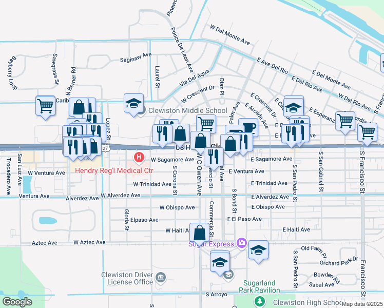 map of restaurants, bars, coffee shops, grocery stores, and more near 300 West Sugarland Highway in Clewiston