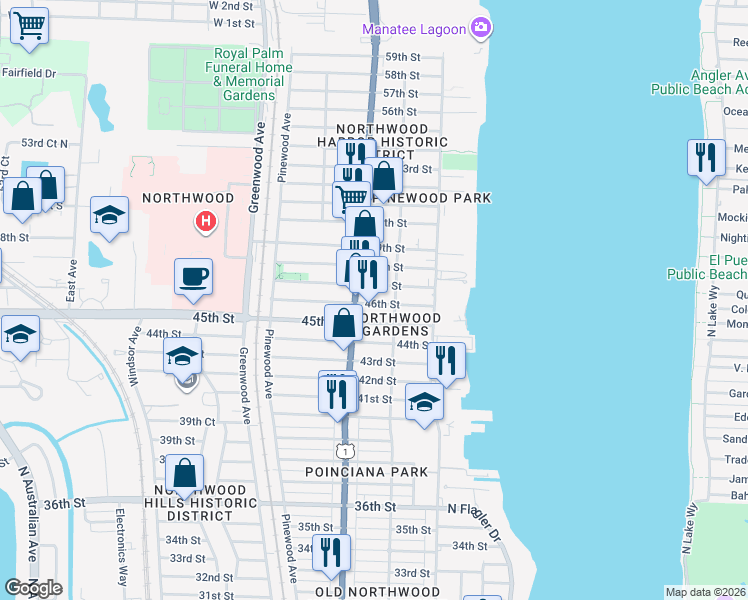 map of restaurants, bars, coffee shops, grocery stores, and more near 512 47th Street in West Palm Beach