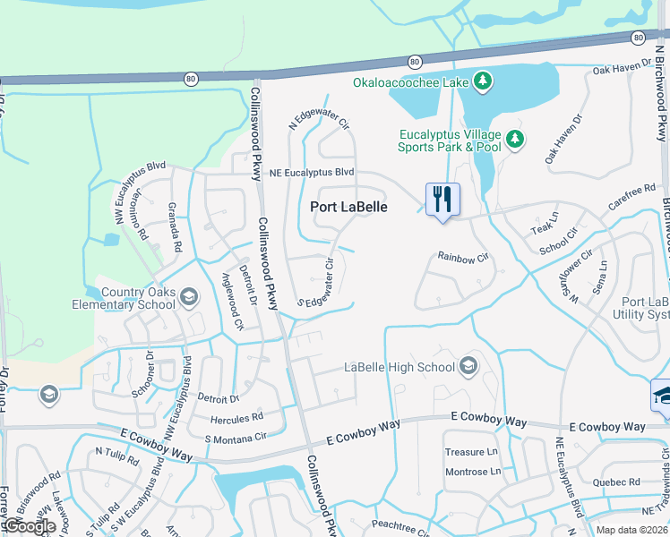 map of restaurants, bars, coffee shops, grocery stores, and more near 4081 South Edgewater Circle in LaBelle